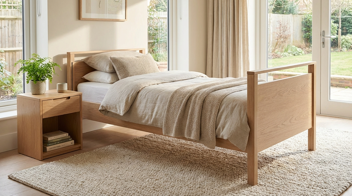 Ein gemütliches, helles Schlafzimmer mit einem modernen, unauffälligen Pflegebett aus hellem Holz. Das Bett ist ordentlich gemacht. Ein weicher Teppich und eine kleine Pflanze auf dem Nachttisch sorgen für eine wohnliche Atmosphäre ohne Krankenhaus-Charakter.