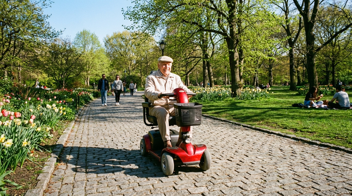 Ein rüstiger Rentner fährt mit einem roten Elektromobil auf einem gepflasterten Weg durch eine grüne Parkanlage. Er trägt eine leichte Jacke und lächelt zufrieden. Sonniges Frühlingswetter, klare und lebendige Szene.