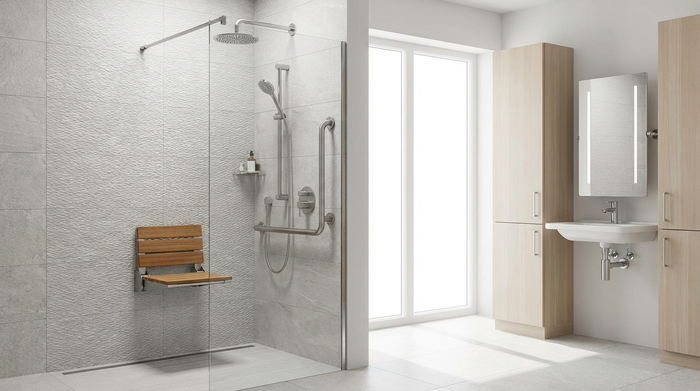 Ein modernes, barrierefreies Badezimmer mit einer bodengleichen Dusche. Elegante, rutschfeste Fliesen, ein klappbarer Duschsitz an der Wand und stabile Haltegriffe. Die Einrichtung ist stilvoll, hell und sicher gestaltet.