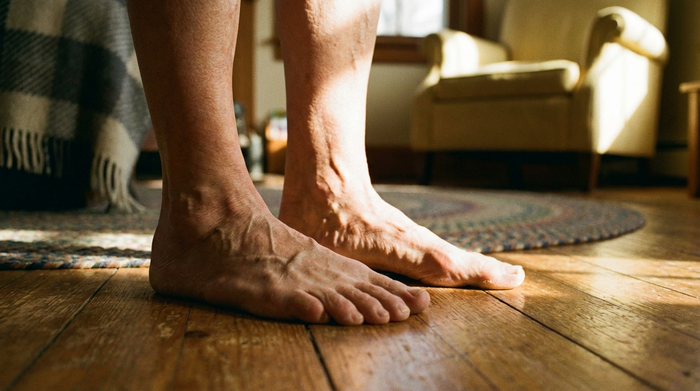 Nahaufnahme der gepflegten Füße einer älteren Person, die barfuß auf einem weichen Holzboden steht. Das warme Sonnenlicht fällt auf die Füße und betont eine entspannte, schmerzfreie Haltung in einer gemütlichen häuslichen Umgebung.