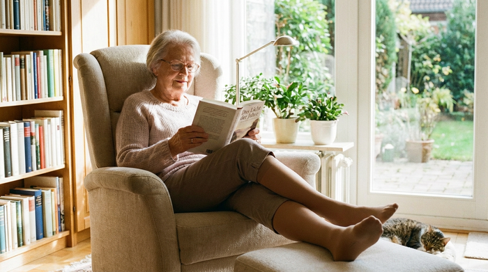 Eine ältere Dame sitzt entspannt in einem bequemen Sessel und liest ein Buch. Sie trägt unauffällige, hautfarbene medizinische Kompressionsstrümpfe, die sich harmonisch in ihr gepflegtes Erscheinungsbild einfügen. Helles, freundliches Wohnzimmer.