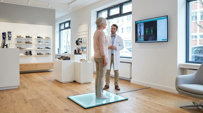 Ein moderner, sauberer Raum in einem medizinischen Fachgeschäft. Eine ältere Person steht auf einer leuchtenden, flachen Sensorplatte aus Glas, während ein Orthopädietechniker in weißem Kittel aufmerksam die Haltung beobachtet. Professionelle, vertrauensvolle Atmosphäre.