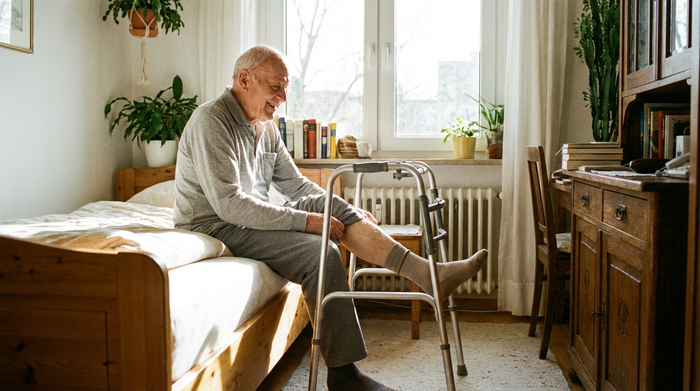 Ein rüstiger Senior nutzt ein praktisches Metallgestell, um mühelos in seine Strümpfe zu schlüpfen. Er sitzt bequem auf der Bettkante in einem lichtdurchfluteten Schlafzimmer und lächelt zufrieden über die Erleichterung durch das Hilfsmittel.
