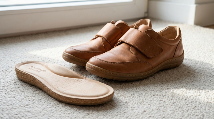Ein Paar bequeme, moderne Senioren-Straßenschuhe mit Klettverschluss steht aufgeräumt auf einem hellen Teppich. Daneben liegt eine hochwertig verarbeitete, weich gepolsterte Einlegesohle aus hellem Leder und Kork. Fokus auf handwerkliche Qualität und Komfort.
