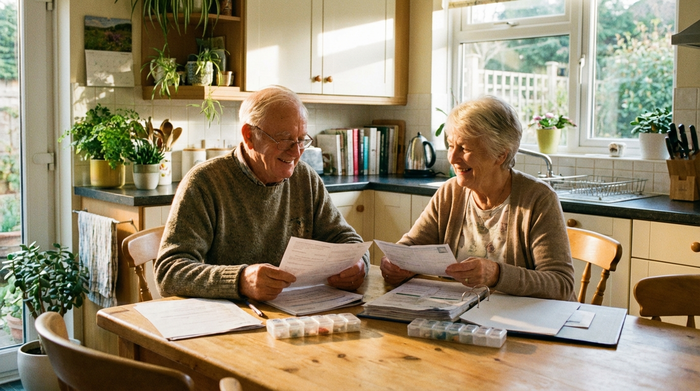 Ein älteres Ehepaar sitzt am Küchentisch und sortiert lächelnd medizinische Dokumente. Warmes Sonnenlicht, aufgeräumte häusliche Umgebung, realistische Szene ohne lesbaren Text.