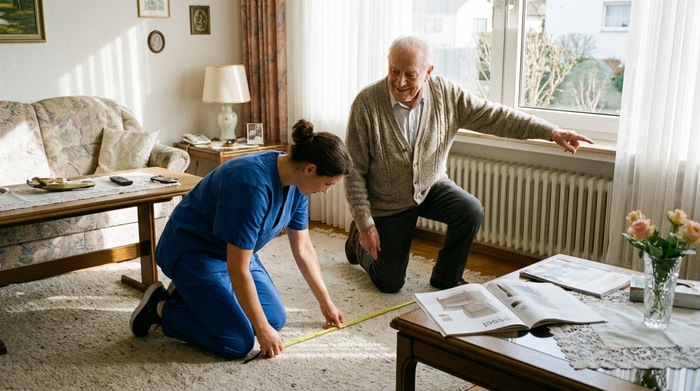 Ein Orthopädietechniker kniet im Wohnzimmer eines Senioren und misst mit einem Maßband den Platz für einen Sessel aus. Helle, gemütliche Wohnung, realistische Interaktion.
