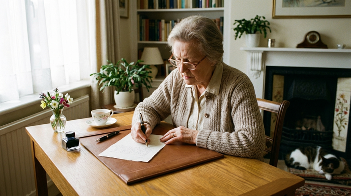 Eine fokussierte ältere Dame schreibt einen Brief an einem aufgeräumten Schreibtisch. Sanftes Tageslicht, gemütliche Atmosphäre, keine lesbaren Schriften im Bild.