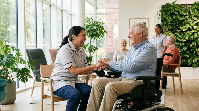 Eine freundliche Pflegekraft unterhält sich mit einem lächelnden Senior im Rollstuhl in einem hellen, modernen Pflegeheim. Grüne Pflanzen im Hintergrund, positive Stimmung.