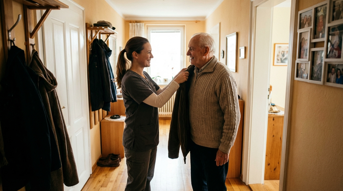 Eine engagierte Pflegekraft unterstützt einen älteren Herrn behutsam beim Anziehen einer Jacke im Flur einer hellen Wohnung. Beide lächeln. Natürliches Tageslicht, realistische Szene, warme Farben und fokussiert auf vertrauensvolle Interaktion.