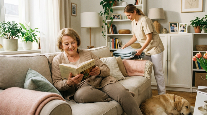 Eine ältere Frau sitzt entspannt auf einem Sofa und liest ein Buch, während im Hintergrund eine Pflegekraft beim Aufräumen des Wohnzimmers hilft. Gemütliche, saubere Umgebung, fokussiert auf Geborgenheit und Entlastung.