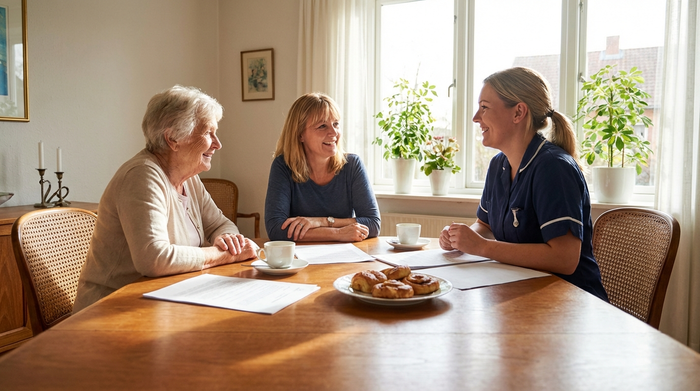 Eine ältere Dame und ihre Tochter sitzen gemeinsam mit einer freundlichen Pflegekraft an einem Esstisch und besprechen entspannt Dokumente. Vertrauensvolle Gesprächsatmosphäre in einem sonnigen Esszimmer, Kaffeetassen auf dem Tisch.