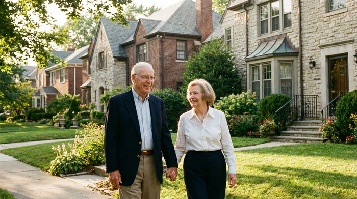 Ein gepflegtes, älteres Ehepaar spaziert an einem sonnigen Nachmittag entspannt durch ein grünes Wohngebiet mit traditionellen Häusern im Hintergrund. Klare, realistische Fotografie, warme Farben, friedliche Stimmung, keine Texte.