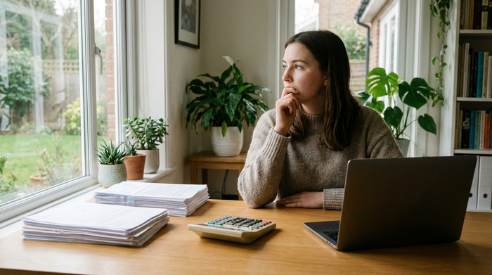 Eine nachdenkliche Tochter sitzt an einem aufgeräumten Schreibtisch, vor ihr liegen ordentlich sortierte Dokumente und ein Taschenrechner. Helles Tageslicht fällt durch das Fenster, professionelle und ruhige Atmosphäre, realistische Darstellung ohne lesbare Texte.