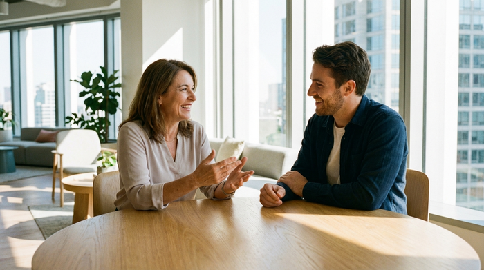 Eine sympathische Beraterin im Gespräch mit einem erwachsenen Sohn in einem modernen, hellen Büro. Beide wirken entspannt und lösungsorientiert. Fokus auf Gestik und Mimik, freundliche Ausstrahlung, fotorealistisch, ohne Schrift.