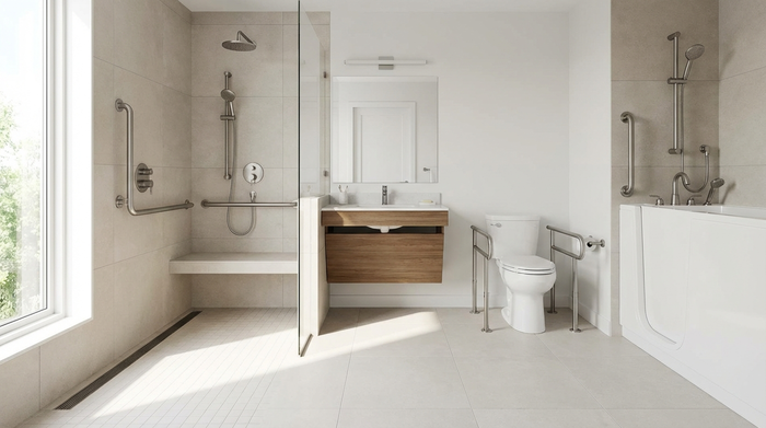 Ein modernes, helles und barrierefreies Badezimmer mit einer bodengleichen Dusche und eleganten Haltegriffen an der Wand. Sauber, sicher und stilvoll eingerichtet, realistische Innenarchitektur, keine Beschriftungen.