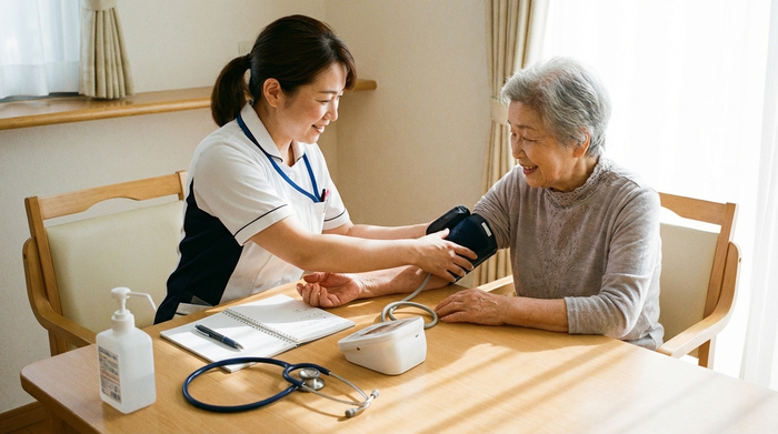 Eine examinierte Pflegekraft misst sanft den Blutdruck einer älteren Dame an einem hellen Holztisch. Medizinische Ausrüstung liegt ordentlich bereit. Realistisch, fokussiert auf Fürsorge und Professionalität, ohne Text.