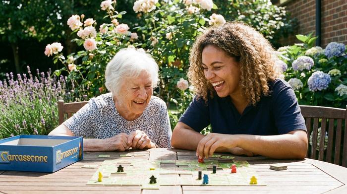 Eine jüngere Betreuerin und eine Seniorin spielen gemeinsam lachend ein Brettspiel im heimischen Garten. Sonniges Wetter, blühende Blumen im Hintergrund. Entspannte und fröhliche Stimmung, fotorealistisch.