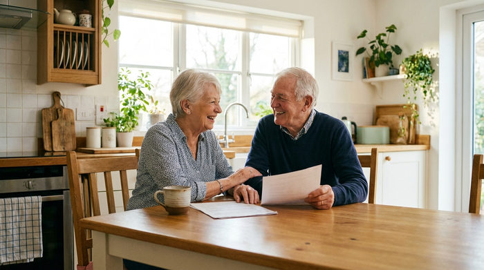 Ein älteres Ehepaar sitzt gemeinsam an einem Tisch und betrachtet entspannt einige Papiere. Eine Tasse Kaffee steht daneben. Helle, aufgeräumte Umgebung, optimistische Stimmung, fotorealistisch.
