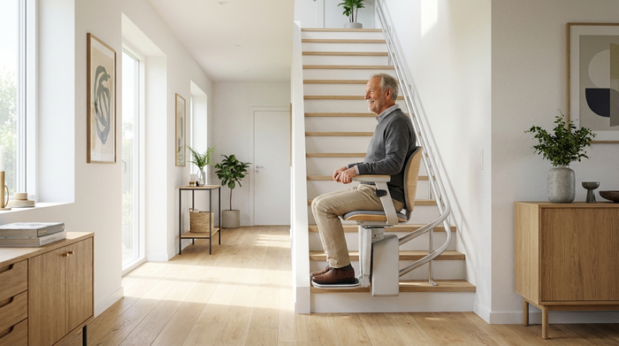Ein moderner, unauffälliger Treppenlift in einem hellen, stilvollen Flur eines Einfamilienhauses. Ein älterer Mann fährt sicher und lächelnd die Treppe hinauf. Fotorealistisch, helle Beleuchtung.