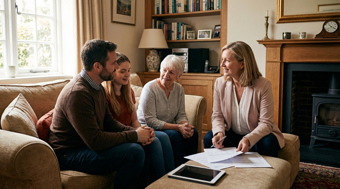 Eine freundliche Beraterin sitzt mit einer Familie auf einem bequemen Sofa und bespricht einfühlsam die Pflegesituation. Warme Farben, Wohnzimmer-Atmosphäre, professionell und empathisch.