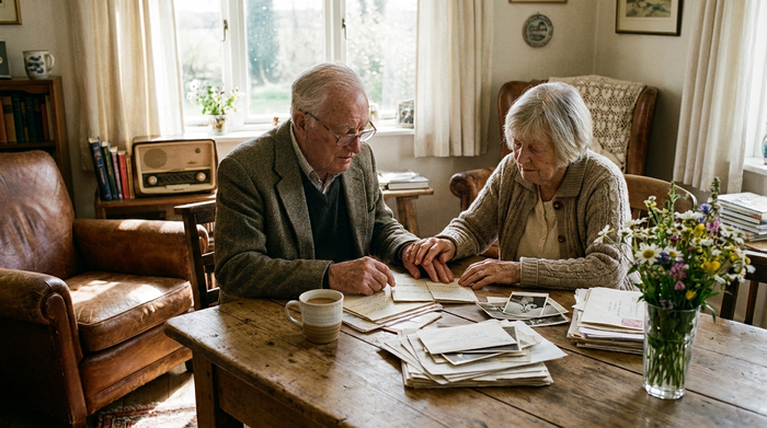 Ein älteres Ehepaar sitzt gemeinsam an einem Holztisch im Wohnzimmer und betrachtet aufmerksam Dokumente. Eine Tasse Kaffee steht daneben. Helles Tageslicht, fokussierte und ruhige Stimmung.