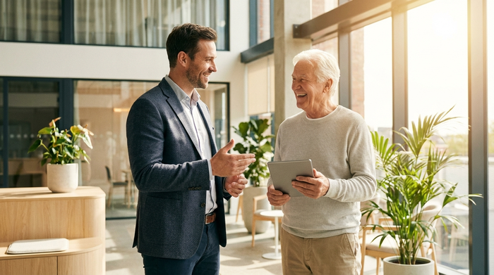 Ein lächelnder, kompetent wirkender Berater im Gespräch mit einem Senior in einem modernen, hellen Büro. Beide wirken entspannt und zuversichtlich, warme Lichtverhältnisse.