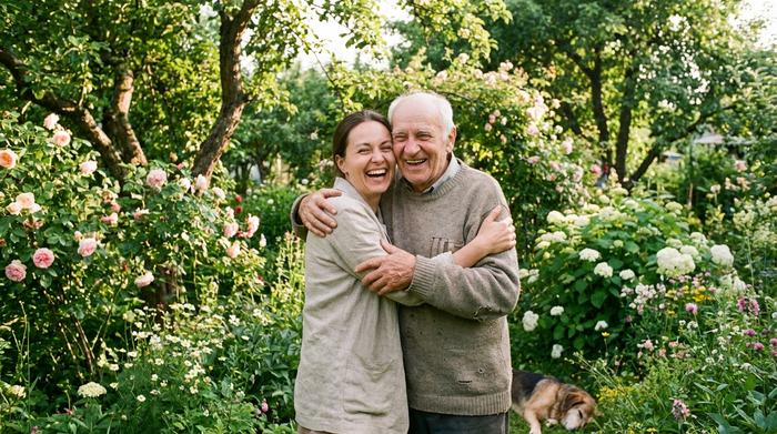 Eine erwachsene Tochter umarmt liebevoll ihren älteren Vater in einem grünen, blühenden Garten. Beide lachen herzlich, die Szene strahlt familiäre Harmonie und Erleichterung aus.