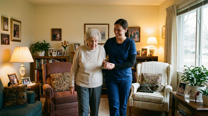 Eine freundliche Pflegekraft stützt eine ältere Dame sanft beim Gehen im eigenen, gemütlich eingerichteten Wohnzimmer. Vertraute Umgebung, weiche und warme Beleuchtung.