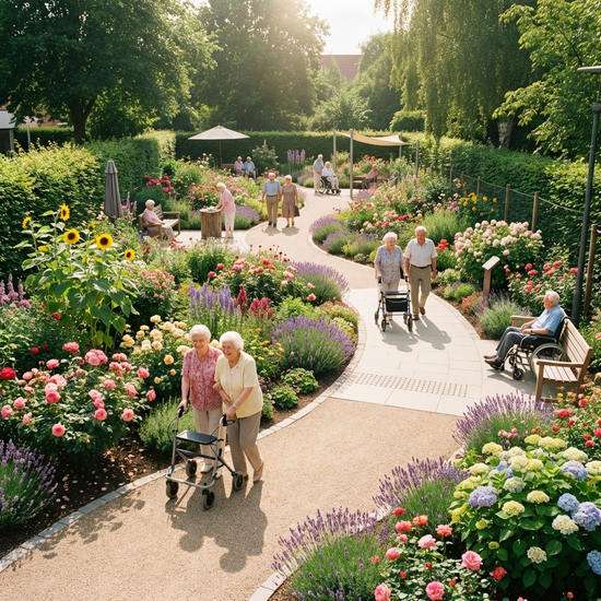 Ein sicherer, blühender Demenzgarten mit einem sanft geschwungenen, barrierefreien Rundweg. Ältere Menschen spazieren entspannt an einem sonnigen Nachmittag zwischen bunten Blumenbeeten.