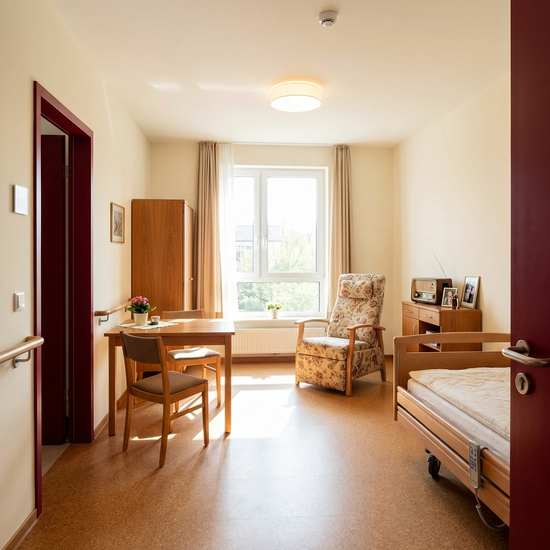 Ein helles, demenzgerechtes Pflegezimmer mit kontrastreichen Türrahmen und gemütlichen, vertrauten Holzmöbeln. Biodynamisches Licht erhellt den Raum sanft.