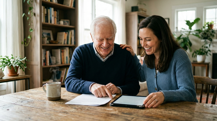 Ein älterer Herr sitzt gemeinsam mit seiner Tochter an einem Holztisch und betrachtet entspannt einige Dokumente. Eine Tasse Kaffee steht auf dem Tisch, die Stimmung ist zuversichtlich und ruhig.