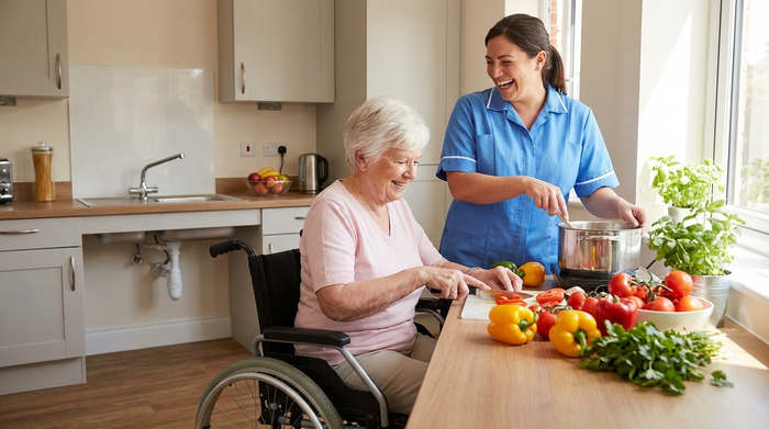 Eine freundliche Pflegekraft und eine Seniorin bereiten gemeinsam in einer sauberen, barrierefreien Küche eine Mahlzeit zu. Frisches Gemüse liegt auf der Arbeitsplatte, beide wirken fröhlich.