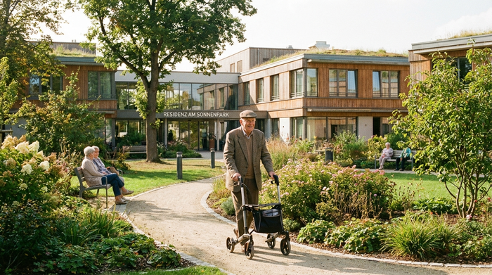 Eine gepflegte, grüne Parkanlage eines modernen Seniorenheims. Ein älterer Herr geht entspannt mit einem Rollator spazieren, im Hintergrund ein freundliches Pflegegebäude mit großen Fenstern.