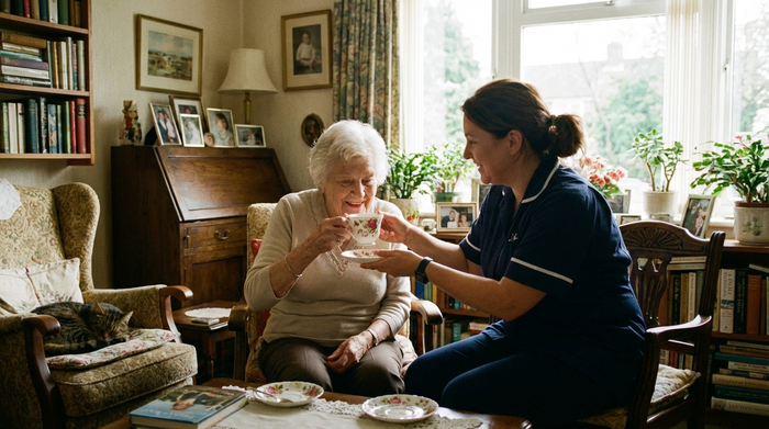 Eine liebevolle Pflegekraft unterstützt eine lächelnde Seniorin beim Teetrinken im eigenen, gemütlichen Wohnzimmer. Vertraute und sichere Umgebung, warmes Sonnenlicht fällt durch das Fenster.