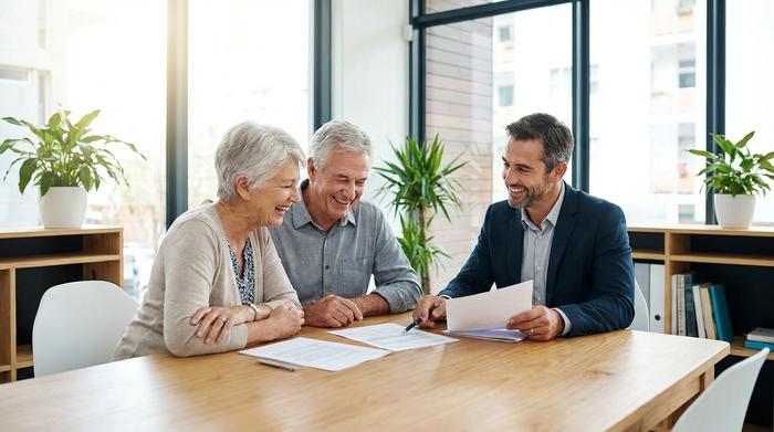 Ein älteres Ehepaar sitzt gemeinsam mit einem Berater über Unterlagen gebeugt. Sie betrachten entspannt die Dokumente. Helles Büro, professionelle und vertrauensvolle Atmosphäre.