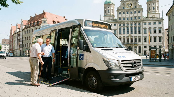 Ein geräumiger, barrierefreier Kleinbus für den Fahrdienst steht an einer sonnigen Straße in Augsburg. Ein freundlicher Fahrer hilft einem älteren Herrn mit Gehstock behutsam beim Einstieg.