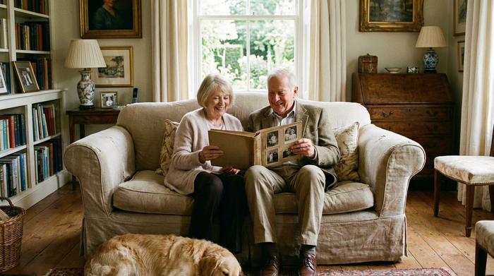 Ein älteres Ehepaar sitzt entspannt auf einem Sofa im heimischen Wohnzimmer und betrachtet lächelnd ein Fotoalbum. Die Szene strahlt Ruhe, finanzielle Sicherheit und familiäre Geborgenheit aus.