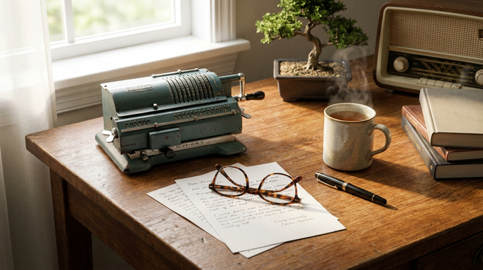 Eine detaillierte, aber aufgeräumte Schreibtischszene mit einem Taschenrechner, einer Lesebrille und einigen Notizzetteln neben einer Tasse Tee. Sanftes Licht beleuchtet die hölzerne Arbeitsfläche.
