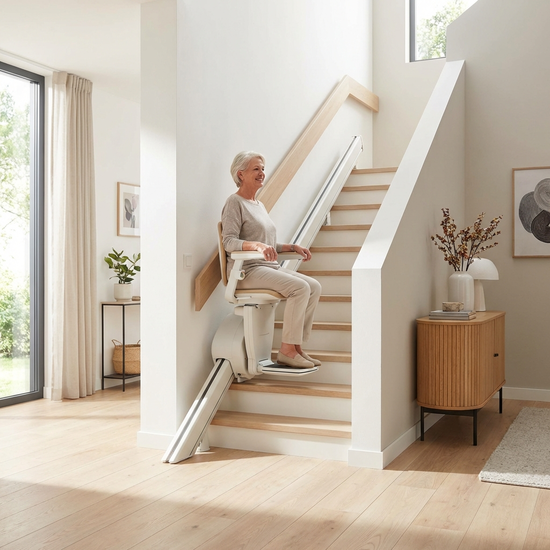 Ein moderner, unauffälliger Treppenlift in einem gepflegten, hellen Einfamilienhaus. Eine ältere Frau fährt entspannt und sicher in das obere Stockwerk.