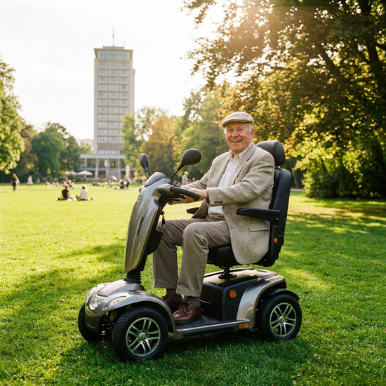 Ein rüstiger Senior fährt an einem sonnigen Tag mit einem modernen Elektromobil durch einen grünen Park in Augsburg. Er trägt eine leichte Jacke und lächelt zufrieden.