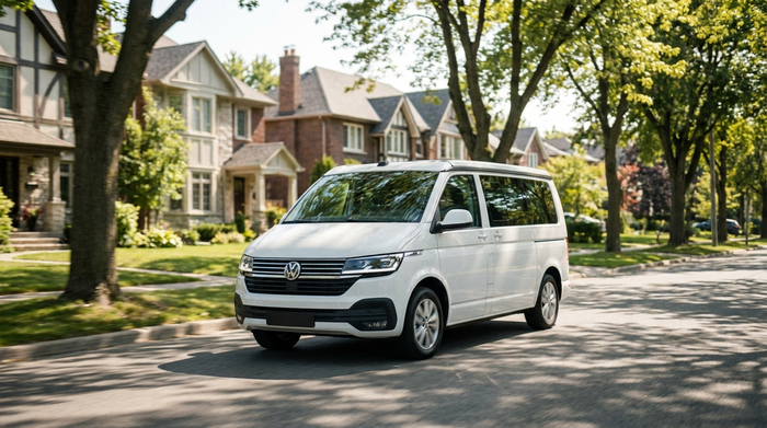 Ein moderner, weißer Kleinbus fährt an einem sonnigen Tag durch eine grüne, von Bäumen gesäumte Vorstadtstraße. Im Hintergrund sind unscharfe Wohnhäuser zu erkennen. Realistischer Stil, helle und freundliche Atmosphäre, ohne Text.
