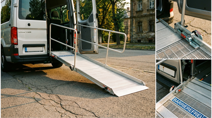 Ein detaillierter Blick auf eine ausgefahrene, metallene Rollstuhlrampe am Heck eines Kleinbusses. Ein sanftes Sonnenlicht fällt auf die Rampe, die sicher auf dem Asphalt aufliegt. Fokus auf Sicherheit und Barrierefreiheit, keine Personen, fotorealistisch.