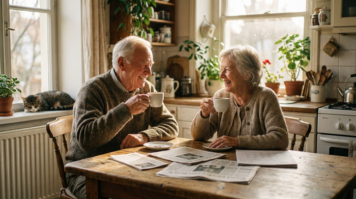 Ein älteres Ehepaar sitzt entspannt am Küchentisch und trinkt Kaffee. Auf dem Tisch liegen einige Papiere, aber die Atmosphäre ist fröhlich und unbeschwert. Warmes, weiches Morgenlicht fällt durch das Fenster. Fotorealistisch, keine lesbaren Texte.