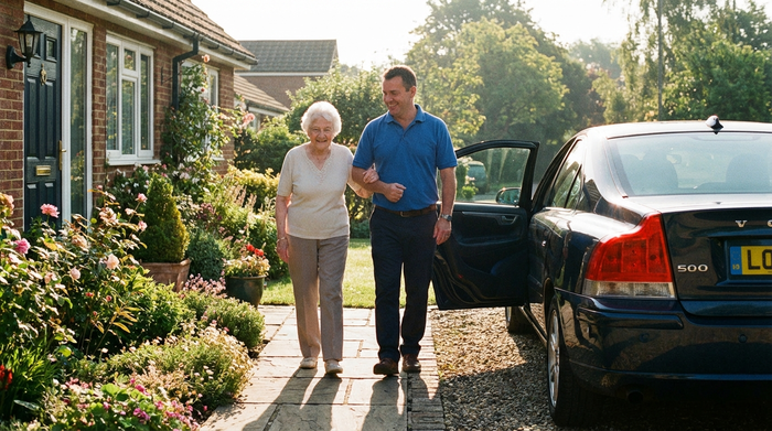 Ein sympathischer Fahrer begleitet eine ältere Dame sanft am Arm von ihrer Haustür zu einem wartenden Fahrzeug. Die Dame lächelt zufrieden. Es ist ein sonniger Morgen, der Vorgarten ist gepflegt. Realistische, positive Stimmung, ohne Text.