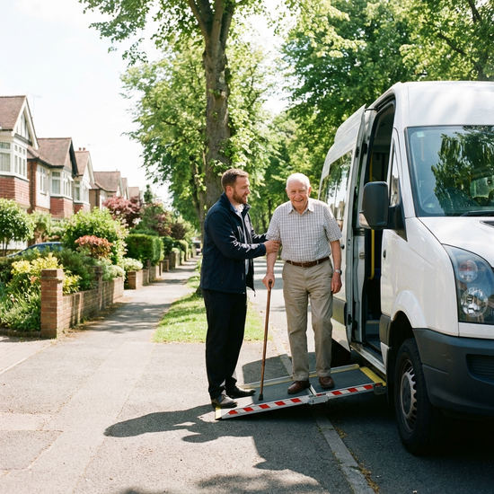 Ein freundlicher Pfleger hilft einem lächelnden Senior aus einem barrierefreien Kleinbus. Helles Tageslicht, gepflegte Straße in einem Wohngebiet, realistische Szene ohne Text.