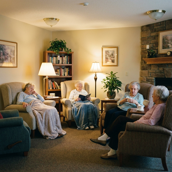 Mehrere Senioren sitzen in bequemen Ruhesesseln in einem gemütlichen, ruhigen Raum mit sanfter Beleuchtung und entspannen sich friedlich.