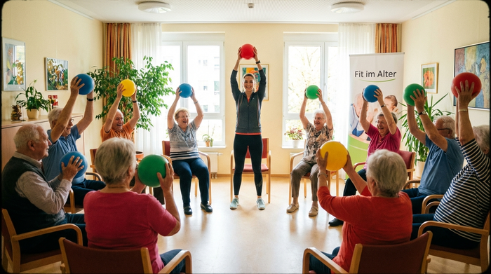 Ältere Menschen sitzen im Kreis und machen leichte Sitzgymnastik mit bunten Bällen. Eine motivierte Betreuerin macht die Übungen vor. Helles, freundliches Zimmer.