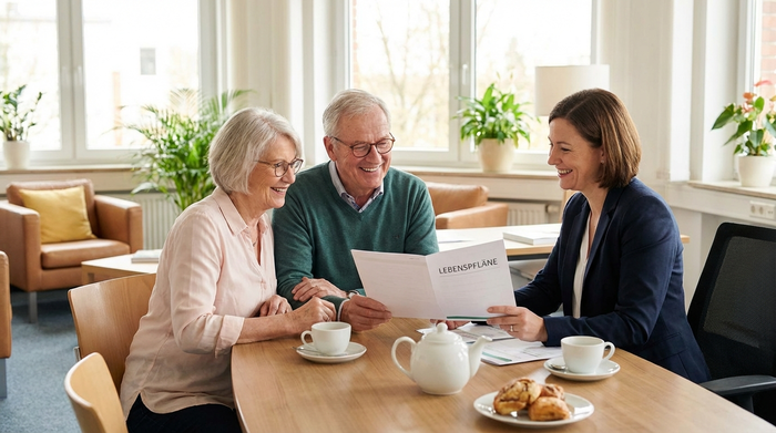 Ein älteres Ehepaar sitzt mit einer Beraterin an einem Tisch und schaut entspannt auf ein Dokument. Kaffeetassen auf dem Tisch, vertrauensvolle Atmosphäre, helles Büro.