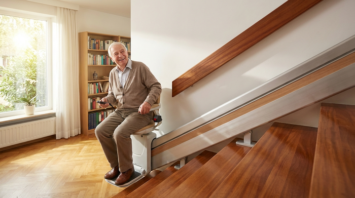 Ein moderner Treppenlift an einer Holztreppe in einem gepflegten Einfamilienhaus. Ein zufriedener Senior fährt sicher und entspannt nach oben.