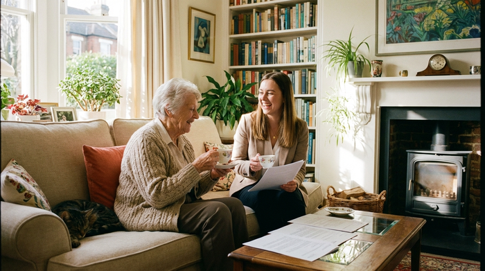 Eine ältere Dame sitzt gemütlich auf einem Sofa und bespricht bei einer Tasse Tee entspannt Dokumente mit einer sympathischen Beraterin. Im Hintergrund ein helles, freundliches Wohnzimmer.